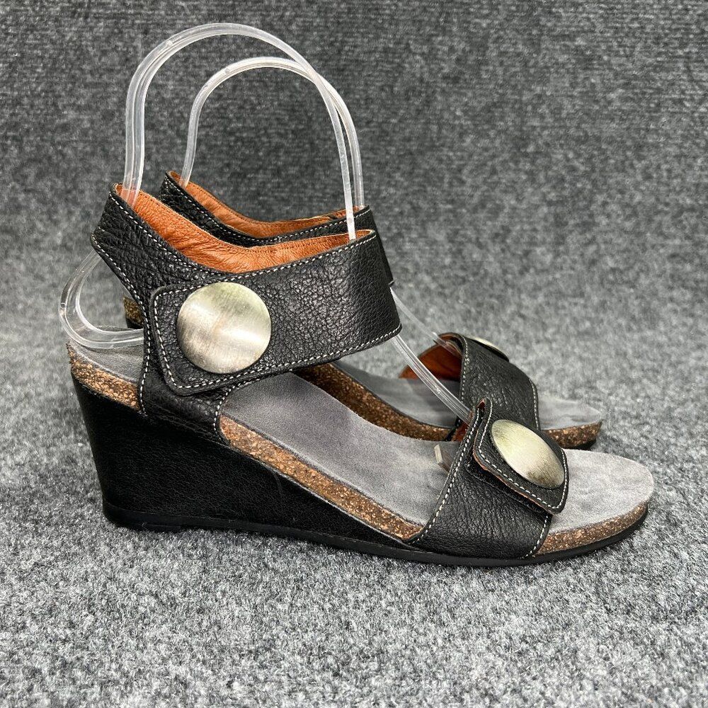 Taos Carousel Sandals Women's 6.5 Black Leather Comfort Wedge Hook Loop Strap